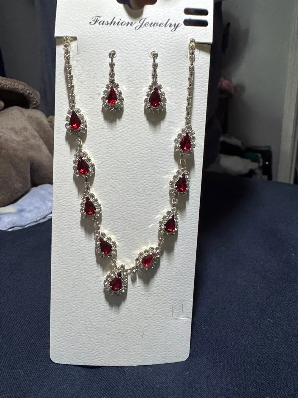 Fashion Jewelry Red Teardrop Necklace and Earring Set with Silver-Tone Accents